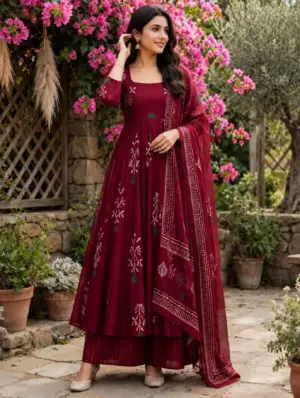 Maroon Block-Printed Anarkali Kurta with Palazzos & Dupatta