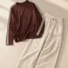 Sporty Side-Stripe Brown Pullover & Cream Trousers Co-Ord