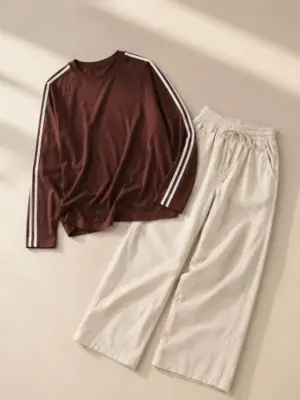 Sporty Side-Stripe Brown Pullover & Cream Trousers Co-Ord