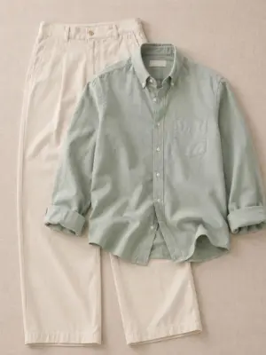Men Full-Sleeve Casual Button-Down Shirt with Neutral Pleated Trousers Combo