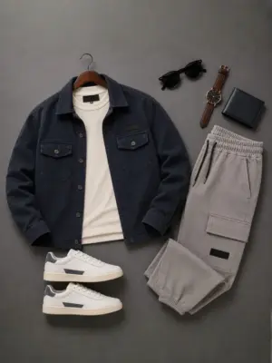 Three-Piece Utility Cargo Jacket, Inner Knit Layer, and Cargo Joggers Set