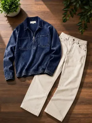 Long-Sleeve Patterned Denim Jacket and Matching Trousers Combo