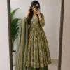 Three-Piece Embroidered V-Neck Flared Anarkali Kurta with Palazzo Pants