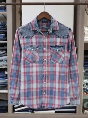 Rustic Plaid Button-Down Shirt with Denim Accents