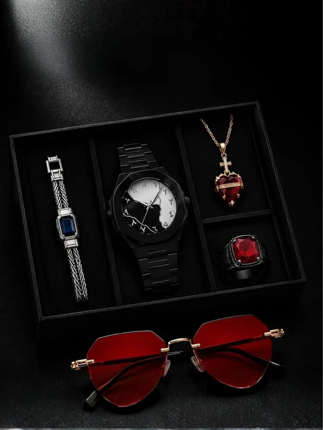 Gothic Crimson & Black Luxury Men Watch and Accessory Set
