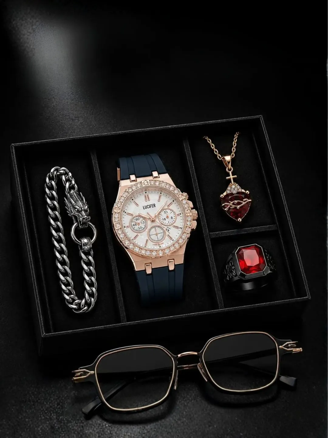 Gothic Crimson & Black Luxury Men Watch and Accessory Set - Image 3