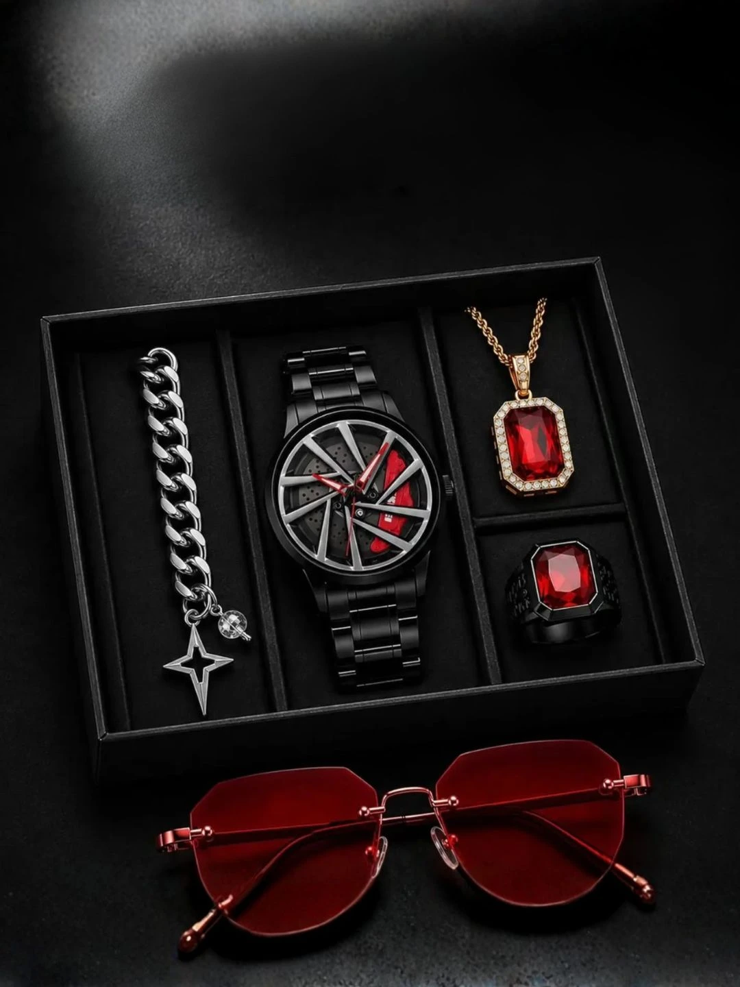 Gothic Crimson & Black Luxury Men Watch and Accessory Set - Image 5