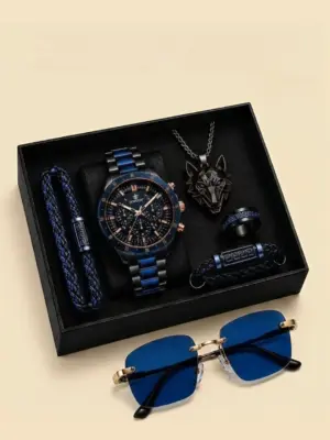 Midnight Wolf & Azure Luxury Men Accessory Gift Set