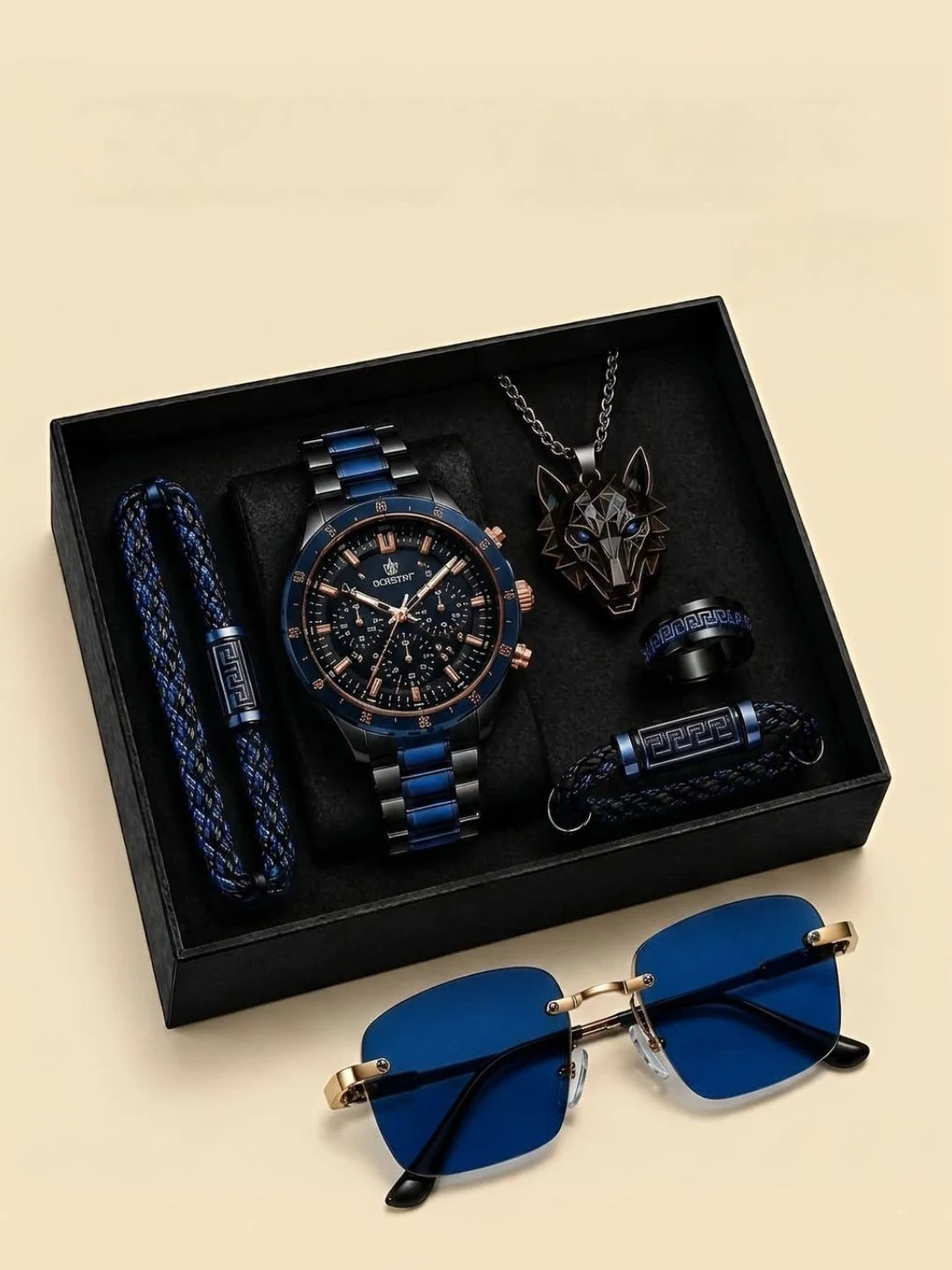 Midnight Wolf & Azure Luxury Men Accessory Gift Set