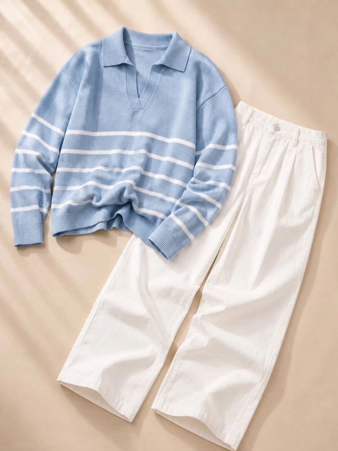 Long-Sleeve Striped V-Neck Knit Pullover Sweater with Relaxed Tailored Trousers Combo - Image 3