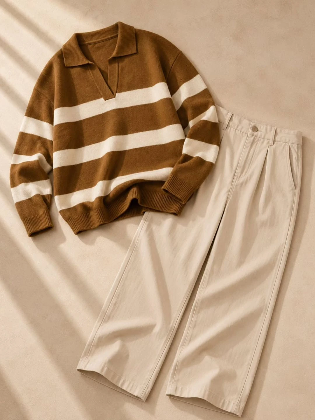 Long-Sleeve Striped V-Neck Knit Pullover Sweater with Relaxed Tailored Trousers Combo