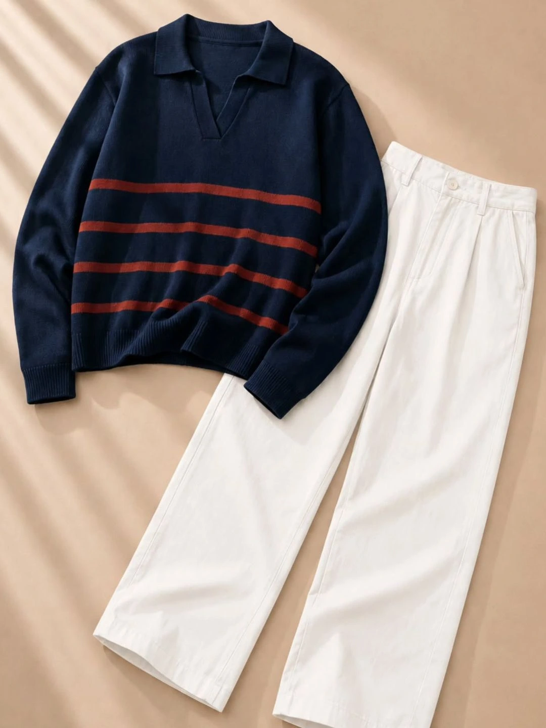 Long-Sleeve Striped V-Neck Knit Pullover Sweater with Relaxed Tailored Trousers Combo - Image 4