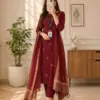 Three-Piece Foil-Printed Straight Kurta with Trousers and Zari-Bordered Dupatta Set