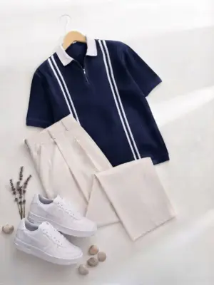 Short-Sleeve Quarter-Zip Striped Waffle Knit Polo Shirt with Pleated Trousers Combo