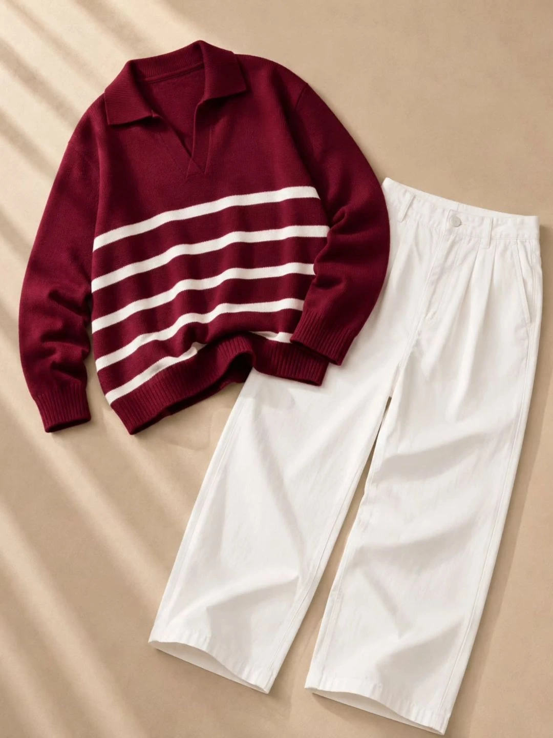 Long-Sleeve Striped V-Neck Knit Pullover Sweater with Relaxed Tailored Trousers Combo - Image 2