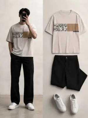 Short-Sleeve Graphic Chest Block T-Shirt with Relaxed Dark Trousers Set