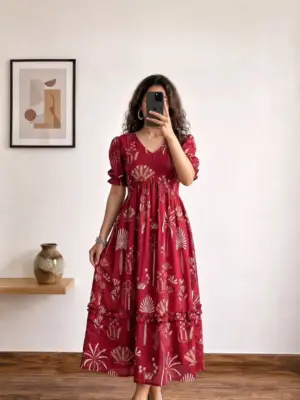 Women Short Puff-Sleeve V-Neck Flared Maxi Dress