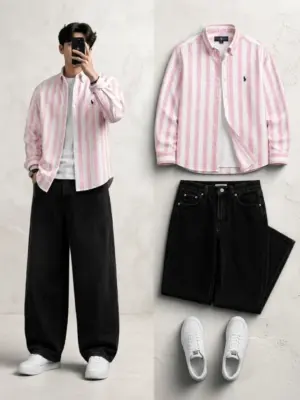 Men Long-Sleeve Striped Button-Down Overshirt with Inner Tee and Dark Jeans Combo