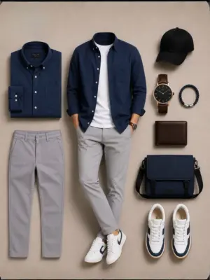 Navy Blue Button-Down Shirt, White Tee, Grey Chinos