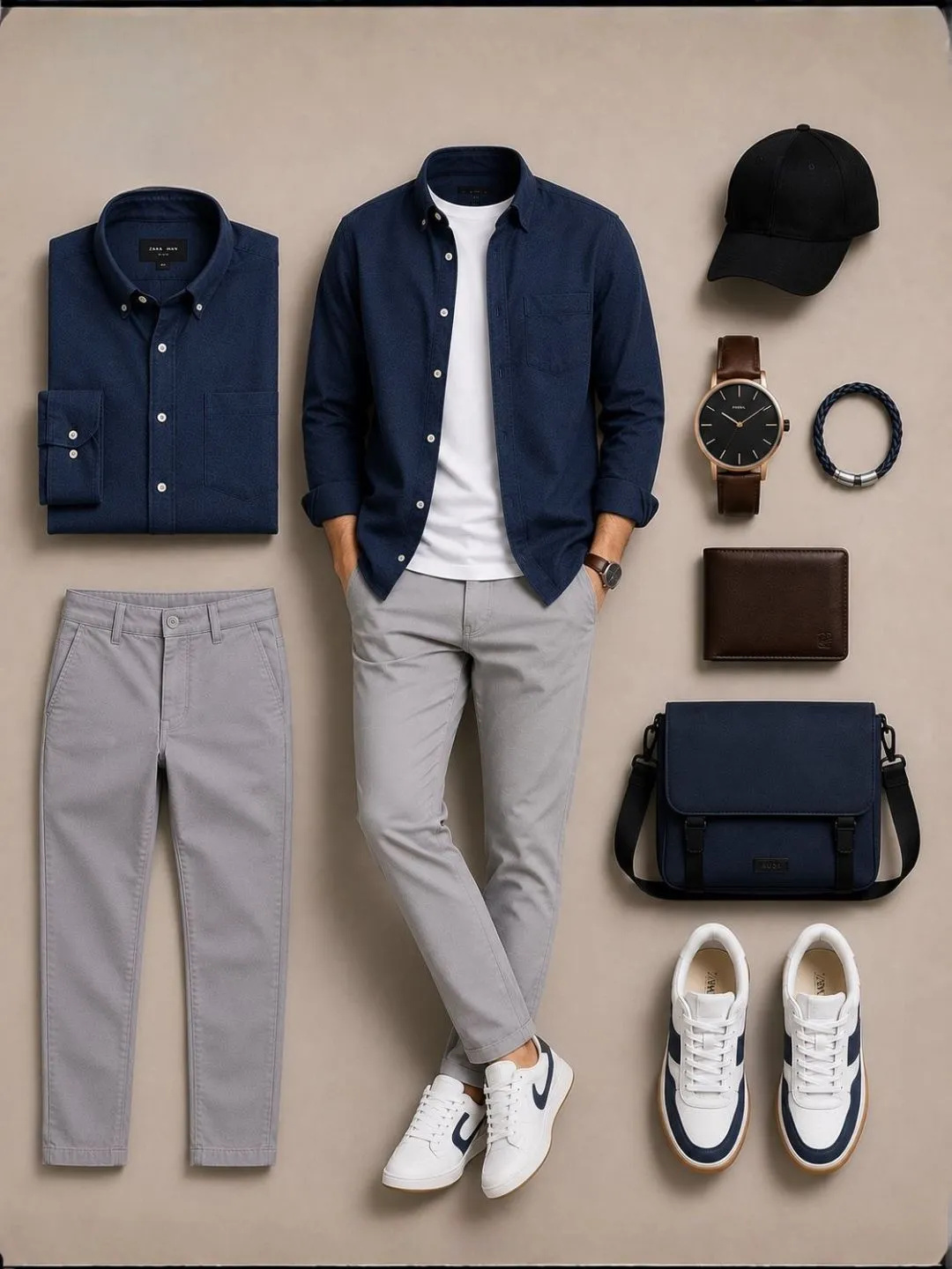 Navy Blue Button-Down Shirt, White Tee, Grey Chinos