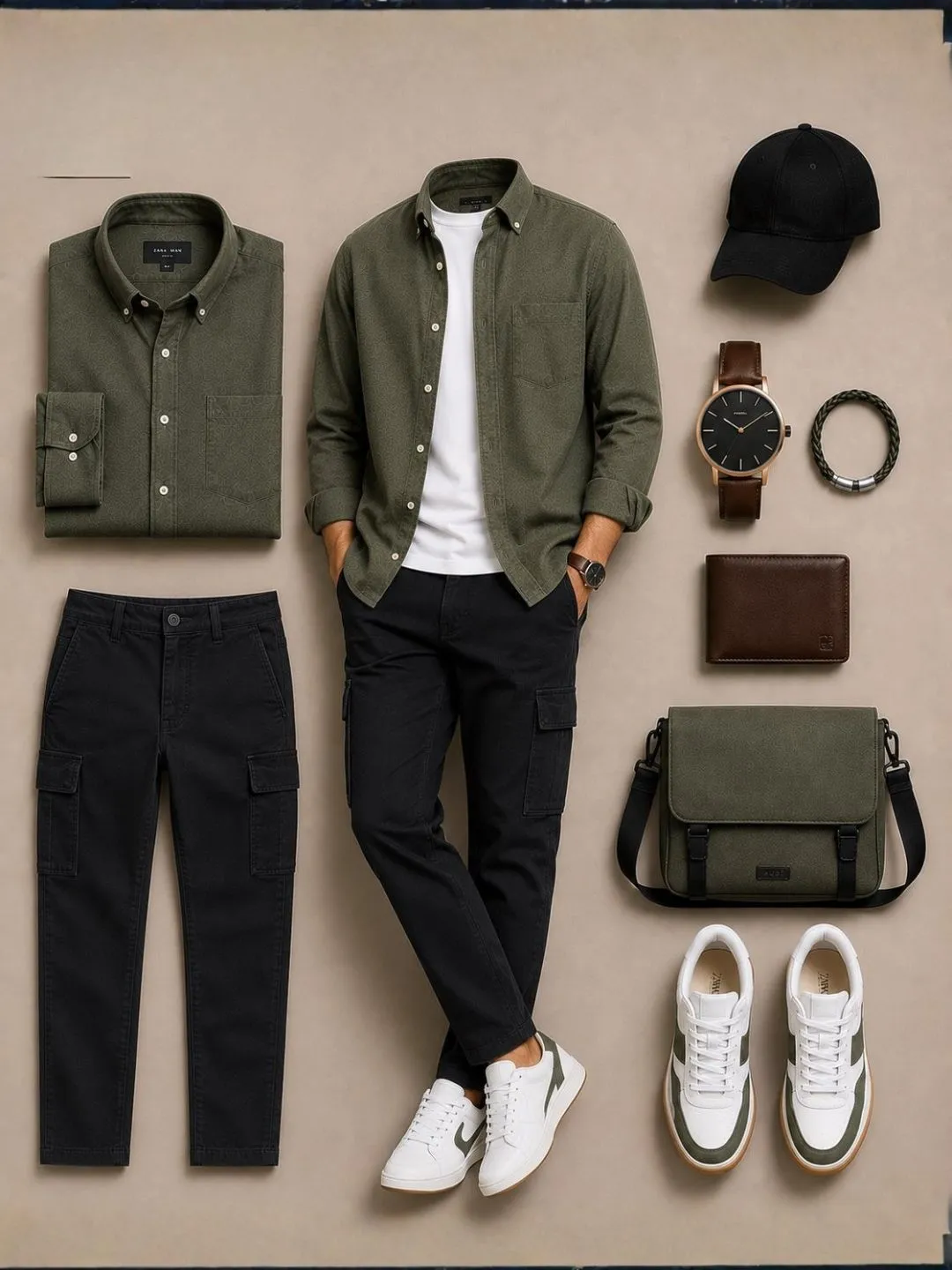 Navy Blue Button-Down Shirt, White Tee, Grey Chinos - Image 2