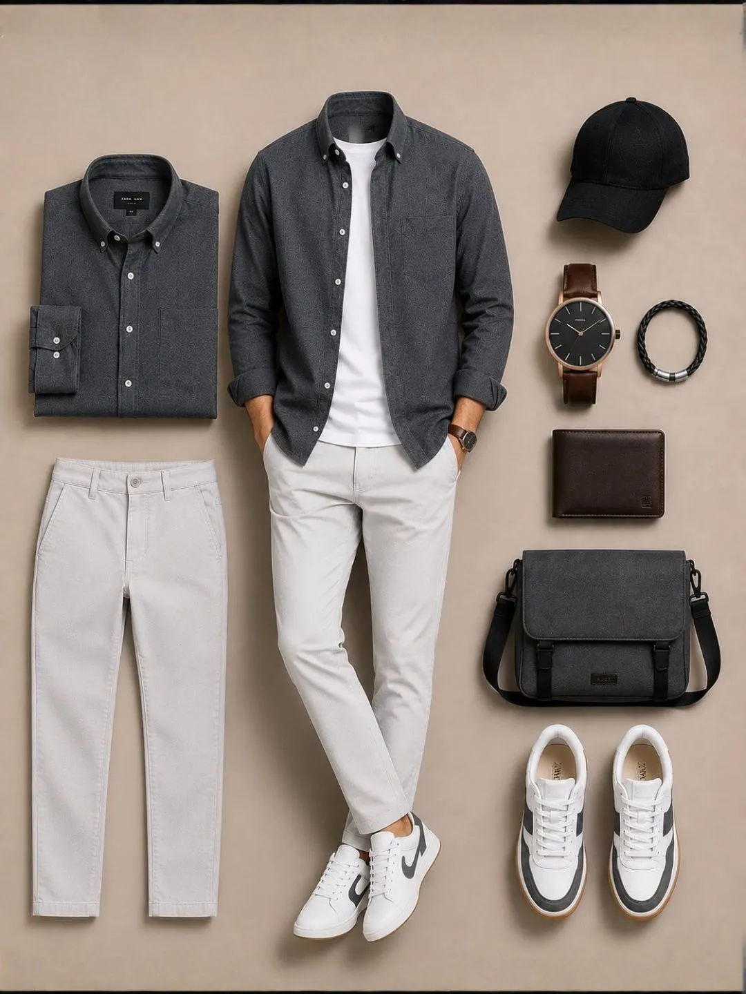Navy Blue Button-Down Shirt, White Tee, Grey Chinos - Image 3