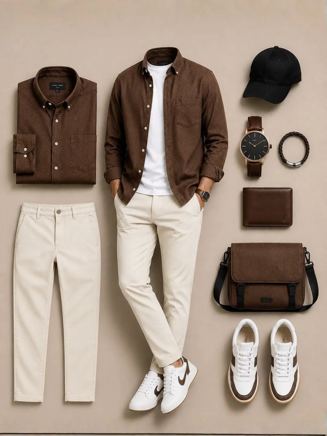 Navy Blue Button-Down Shirt, White Tee, Grey Chinos - Image 4