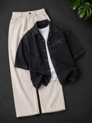 Short-Sleeve Dark Wash Denim Shirt, White Inner Tee, and Off-White Trousers