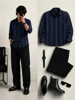 Navy Vertical Striped Long-Sleeve Shirt with Matching Black Trousers