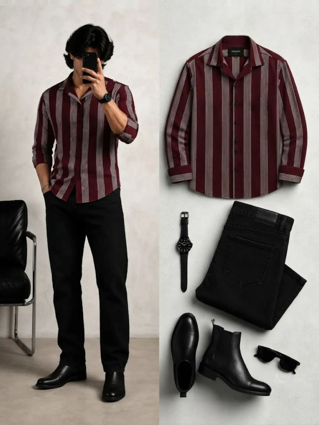 Navy Vertical Striped Long-Sleeve Shirt with Matching Black Trousers - Image 3