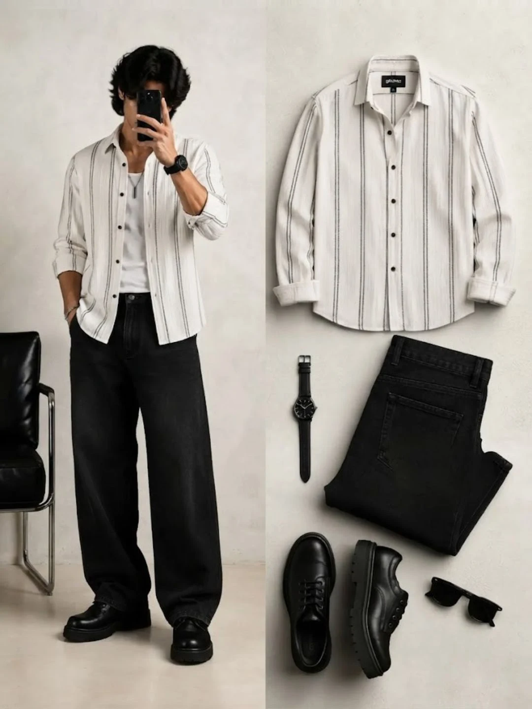 Navy Vertical Striped Long-Sleeve Shirt with Matching Black Trousers - Image 4