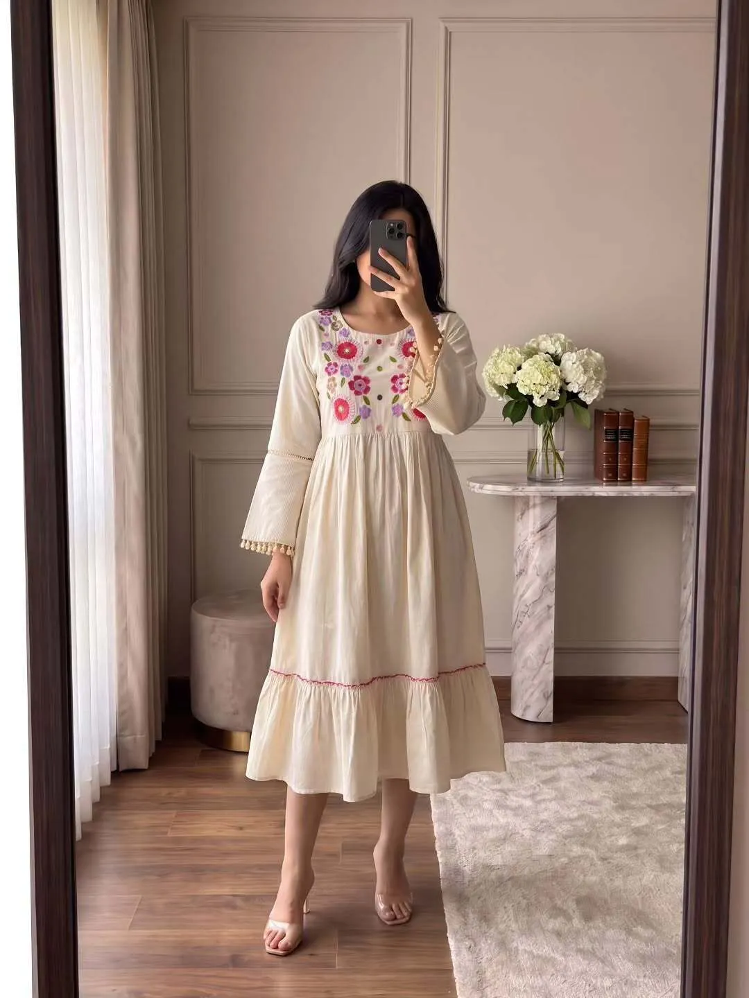Women Navy Blue V-Neck Short-Sleeve Midi Dress with White Floral Embroidery - Image 5