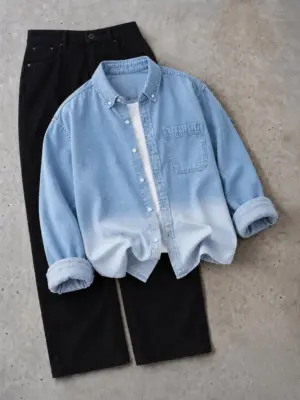 Men Light Blue Ombre Denim Long-Sleeve Shirt with White Inner Tee