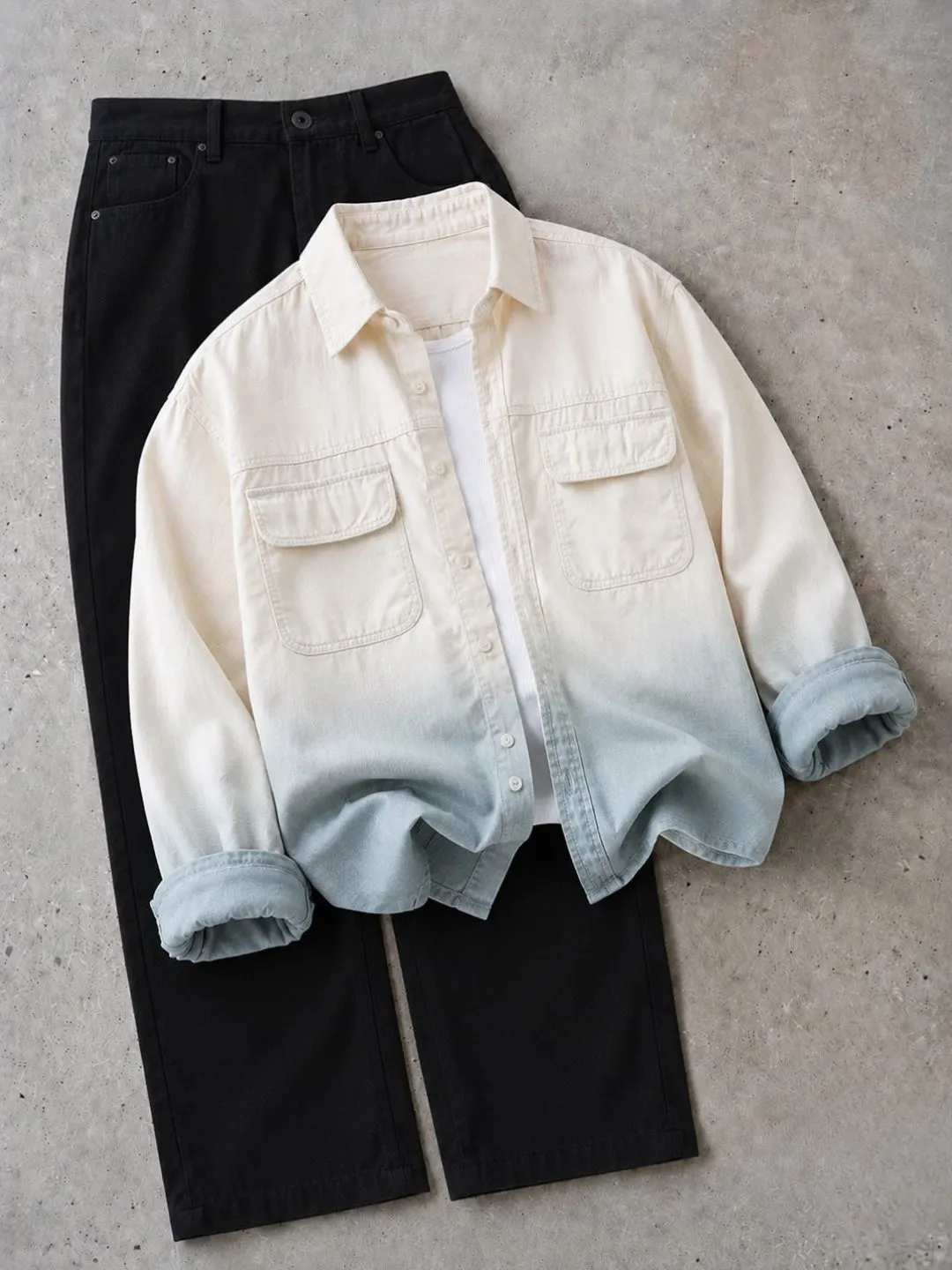 Men Light Blue Ombre Denim Long-Sleeve Shirt with White Inner Tee - Image 2