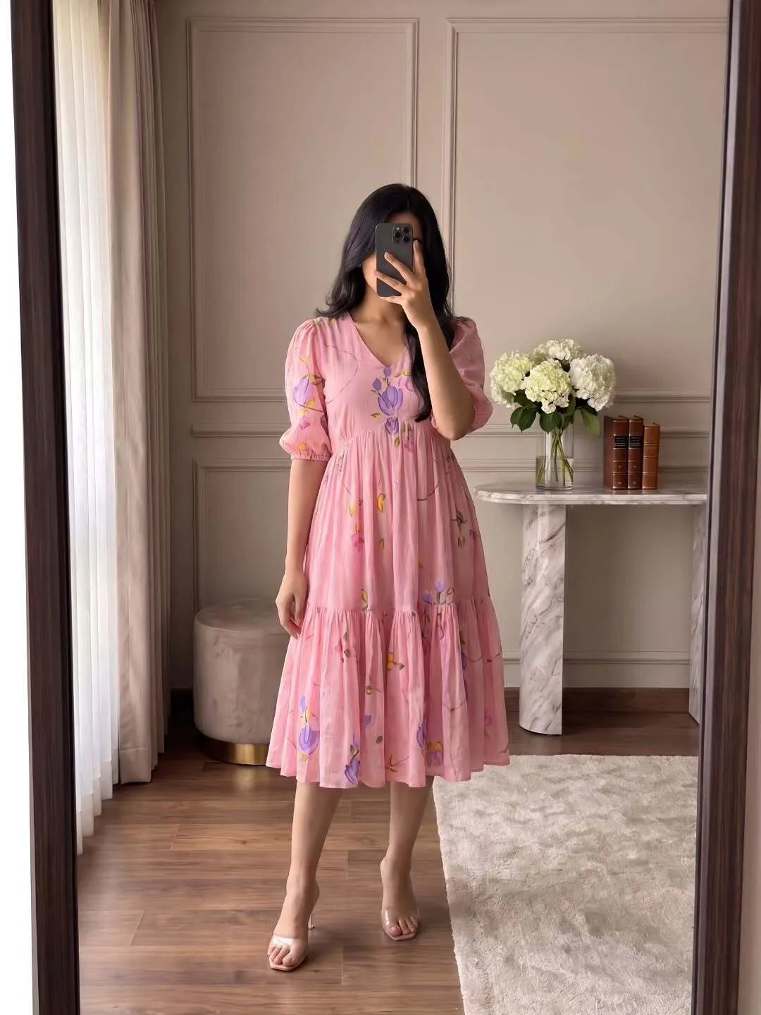 Women Navy Blue V-Neck Short-Sleeve Midi Dress with White Floral Embroidery - Image 4