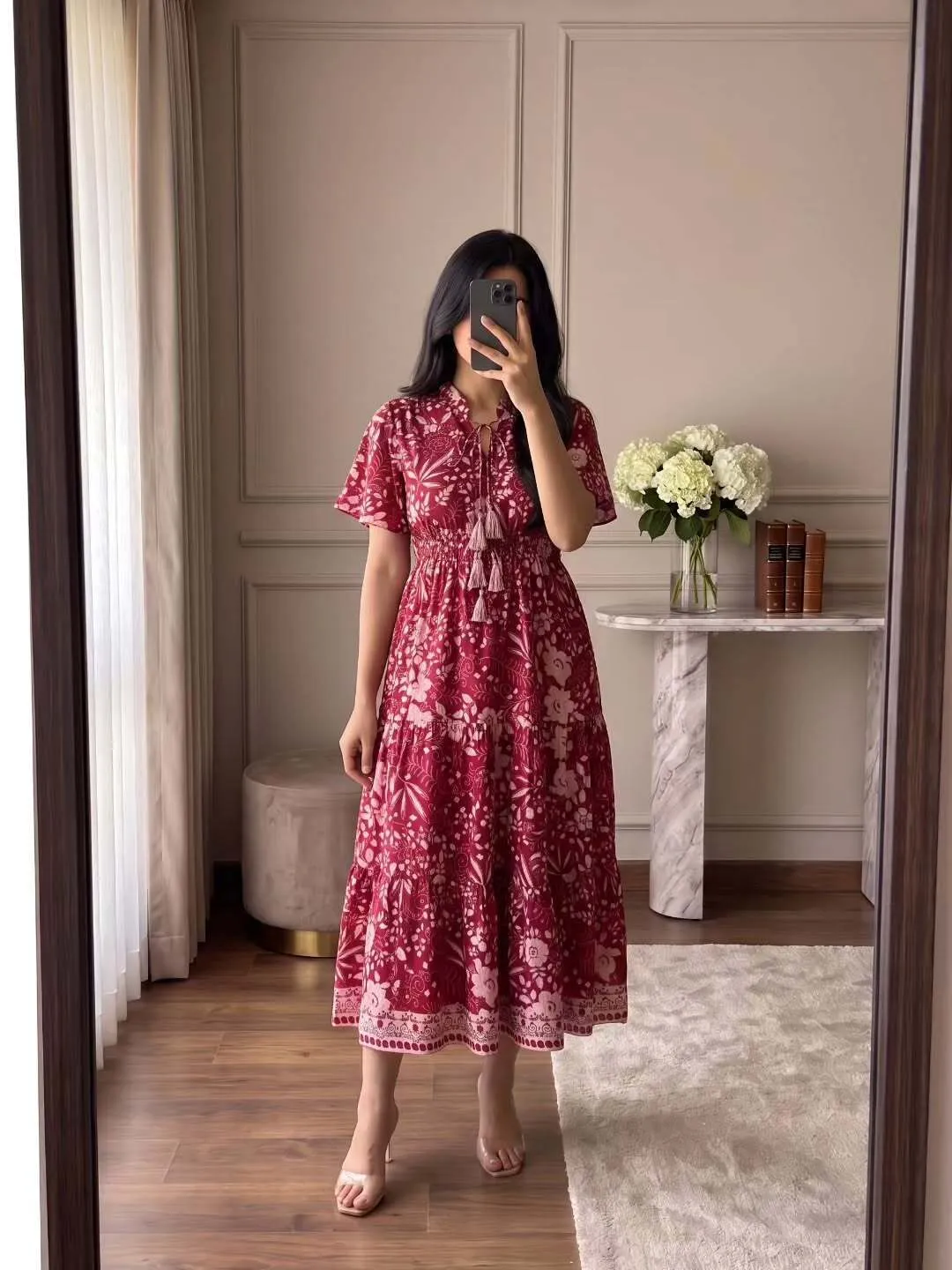 Women Navy Blue V-Neck Short-Sleeve Midi Dress with White Floral Embroidery - Image 2