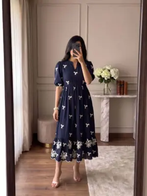 Women Navy Blue V-Neck Short-Sleeve Midi Dress with White Floral Embroidery