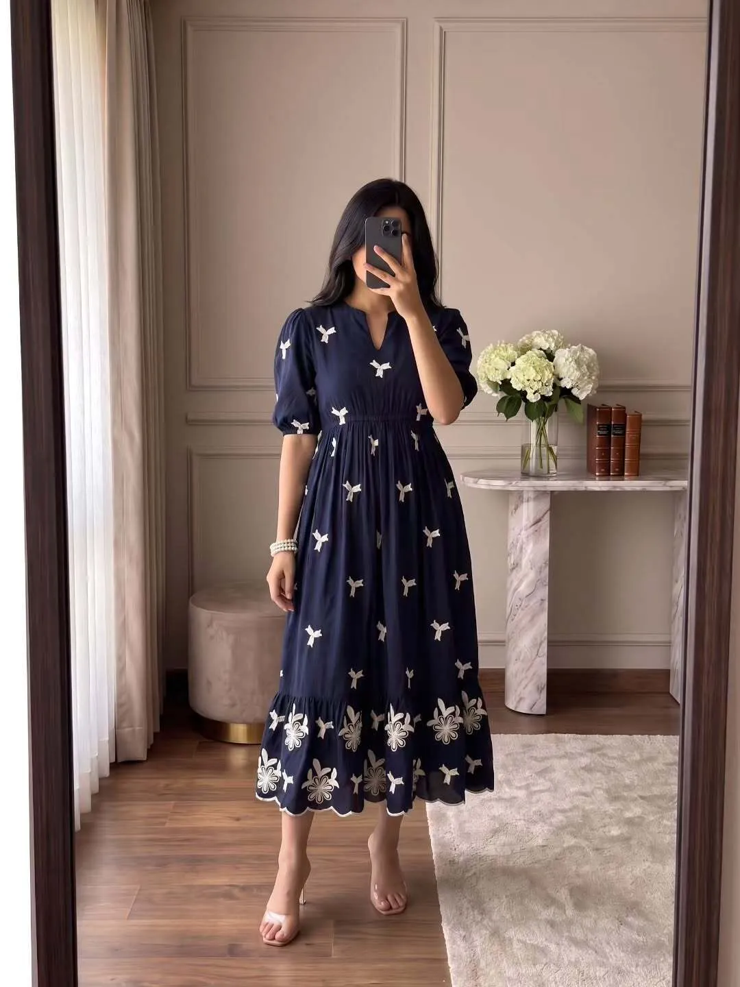 Women Navy Blue V-Neck Short-Sleeve Midi Dress with White Floral Embroidery