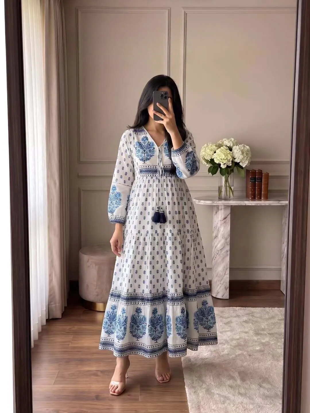 Women Navy Blue V-Neck Short-Sleeve Midi Dress with White Floral Embroidery - Image 3
