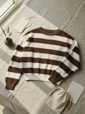 Long-Sleeve Horizontal Striped Ribbed Knit Crewneck Pullover T-shirt