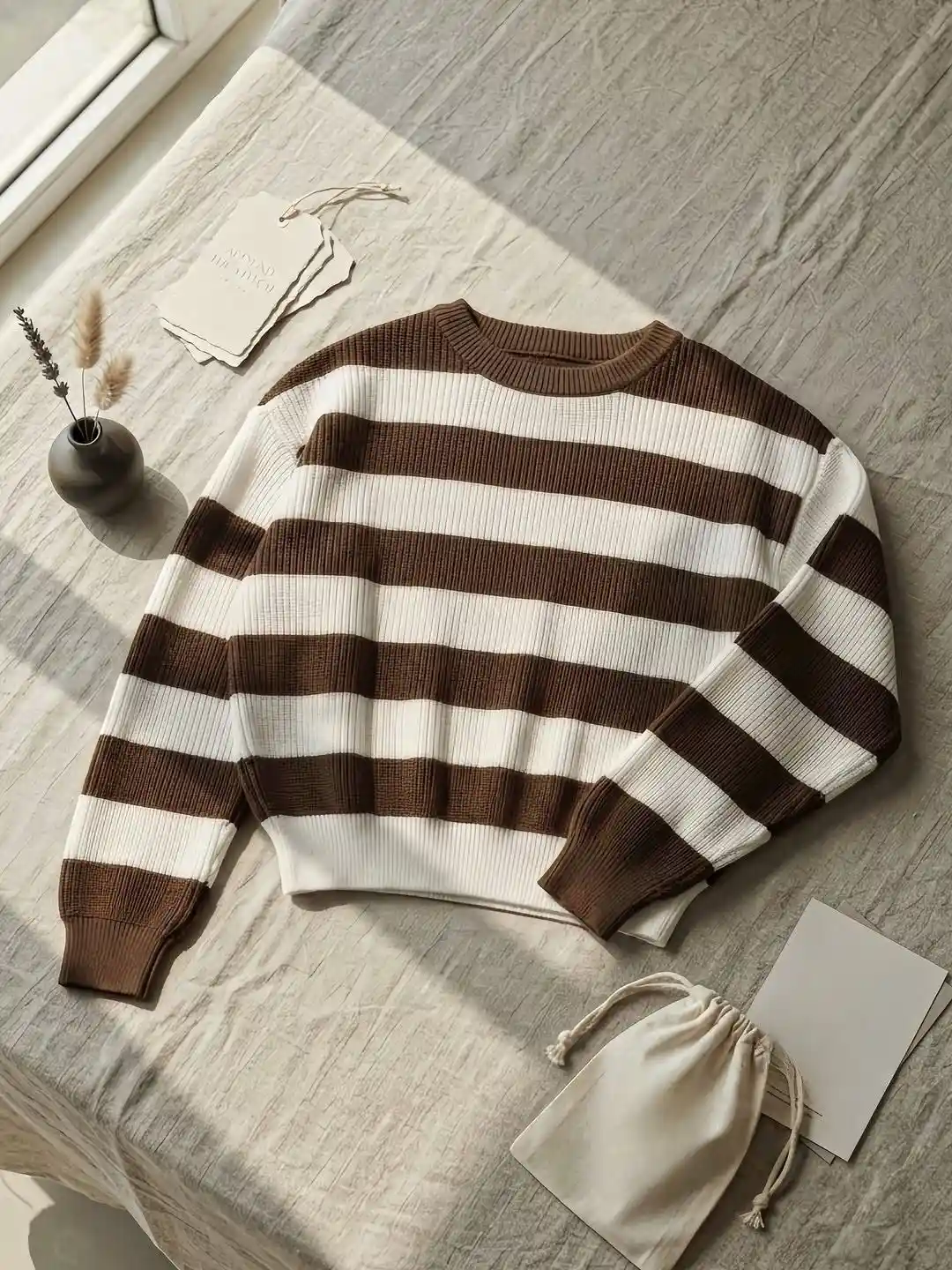 Long-Sleeve Horizontal Striped Ribbed Knit Crewneck Pullover T-shirt