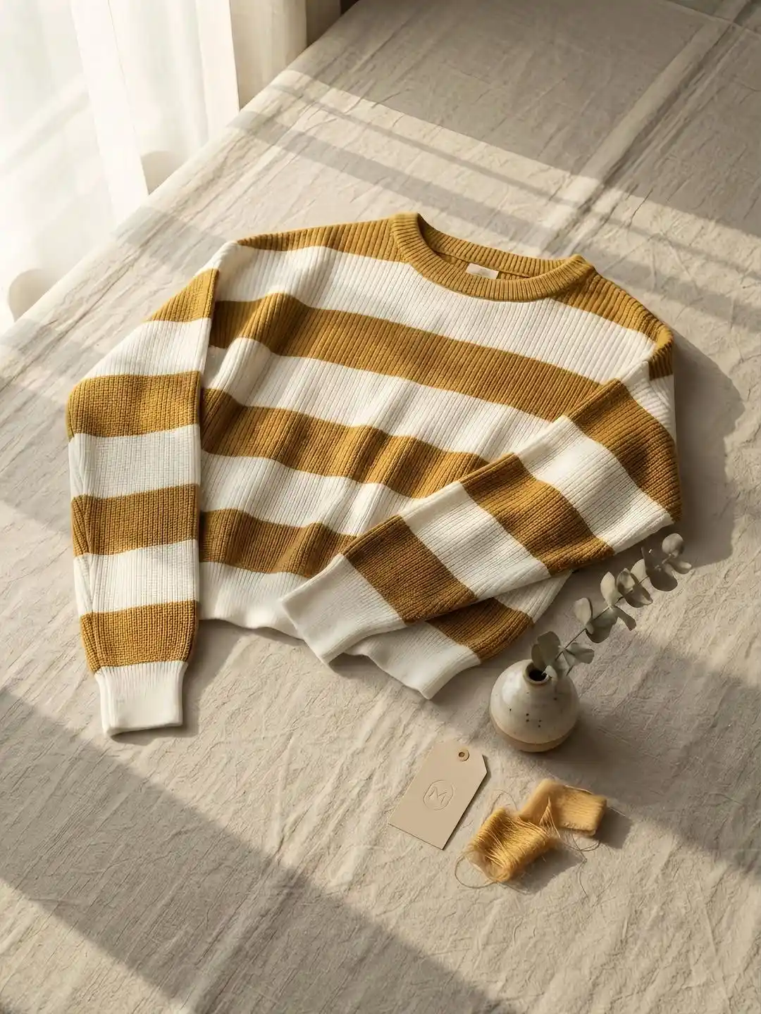Long-Sleeve Horizontal Striped Ribbed Knit Crewneck Pullover T-shirt - Image 2