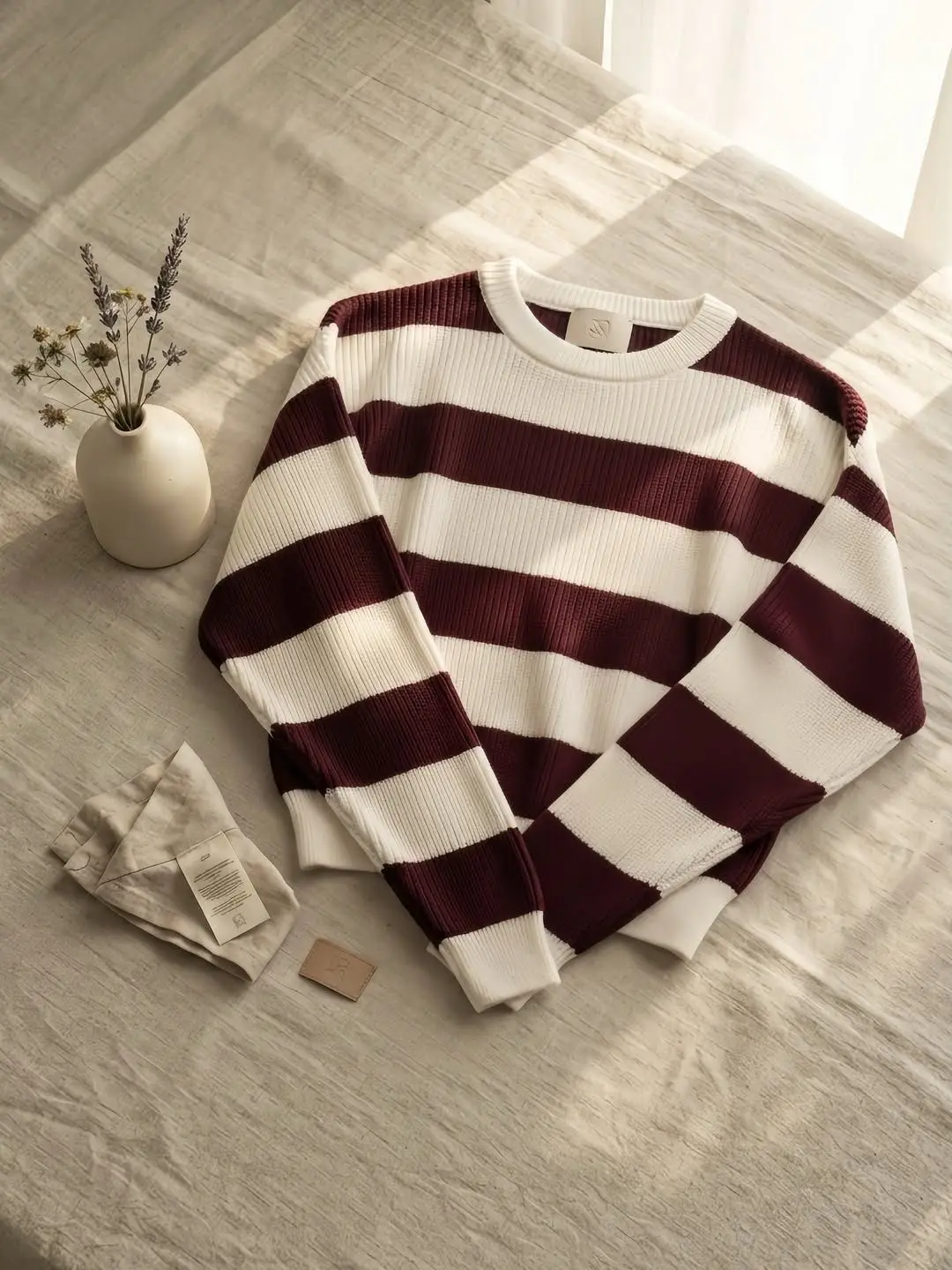 Long-Sleeve Horizontal Striped Ribbed Knit Crewneck Pullover T-shirt - Image 3