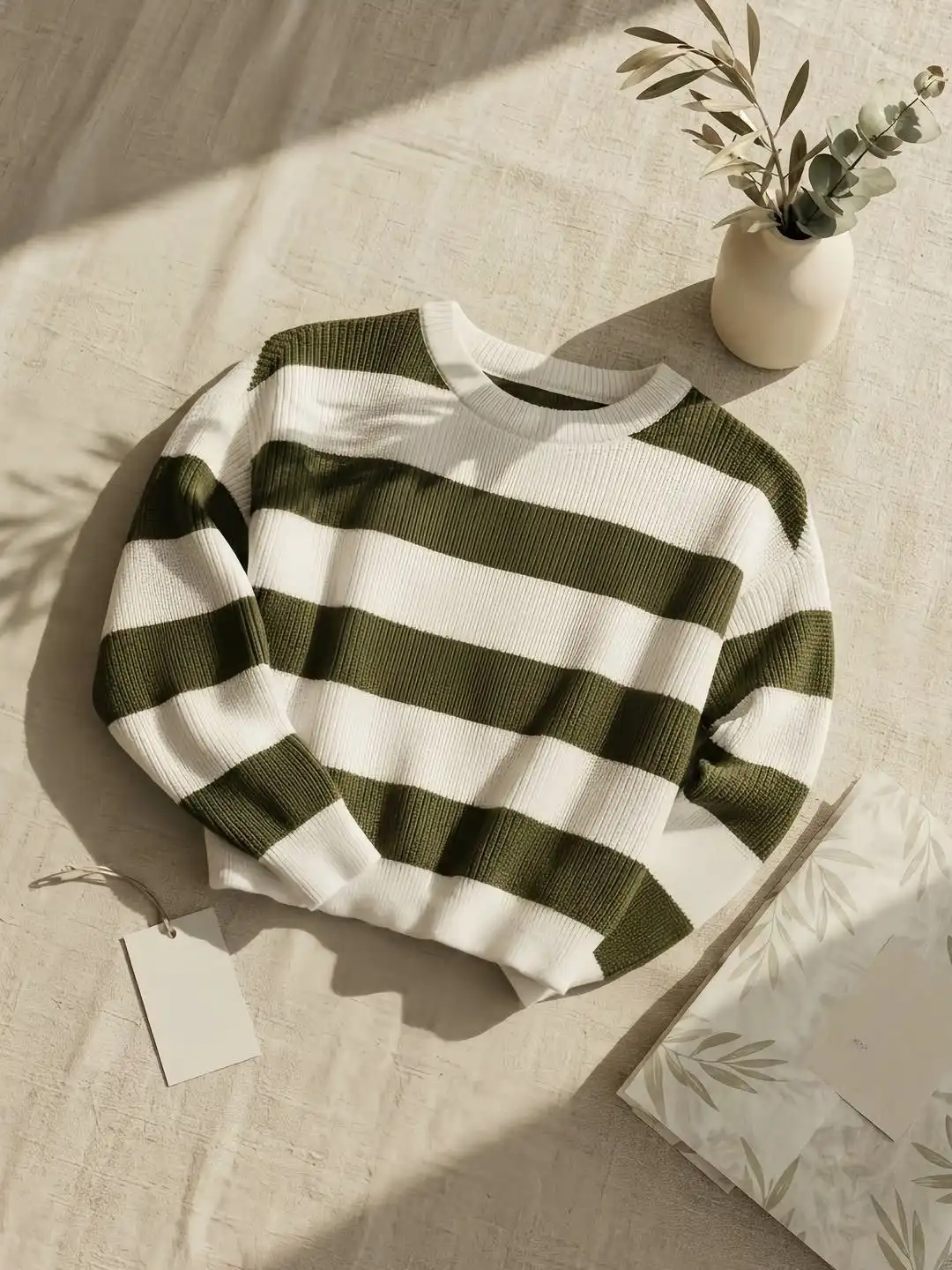 Long-Sleeve Horizontal Striped Ribbed Knit Crewneck Pullover T-shirt - Image 4