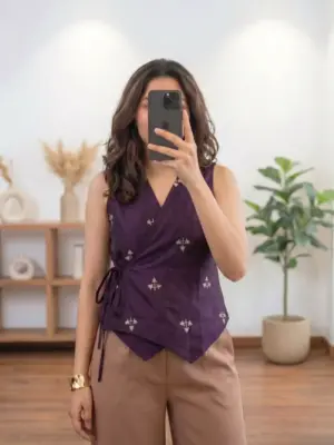 Sleeveless V-Neck Embroidered Wrap-Style Crop Top