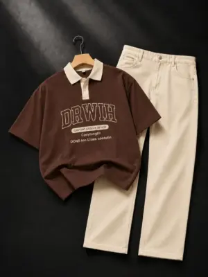 Rustic Brown Polo & Beige Trouser Sophisticated Ensemble