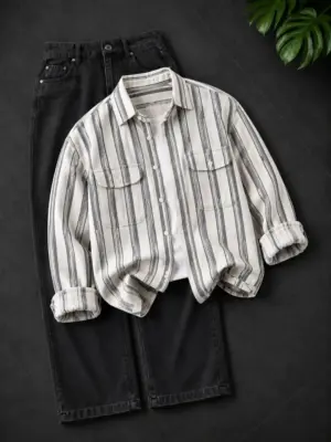 Modern Monochrome Striped Shirt & Dark Denim Set