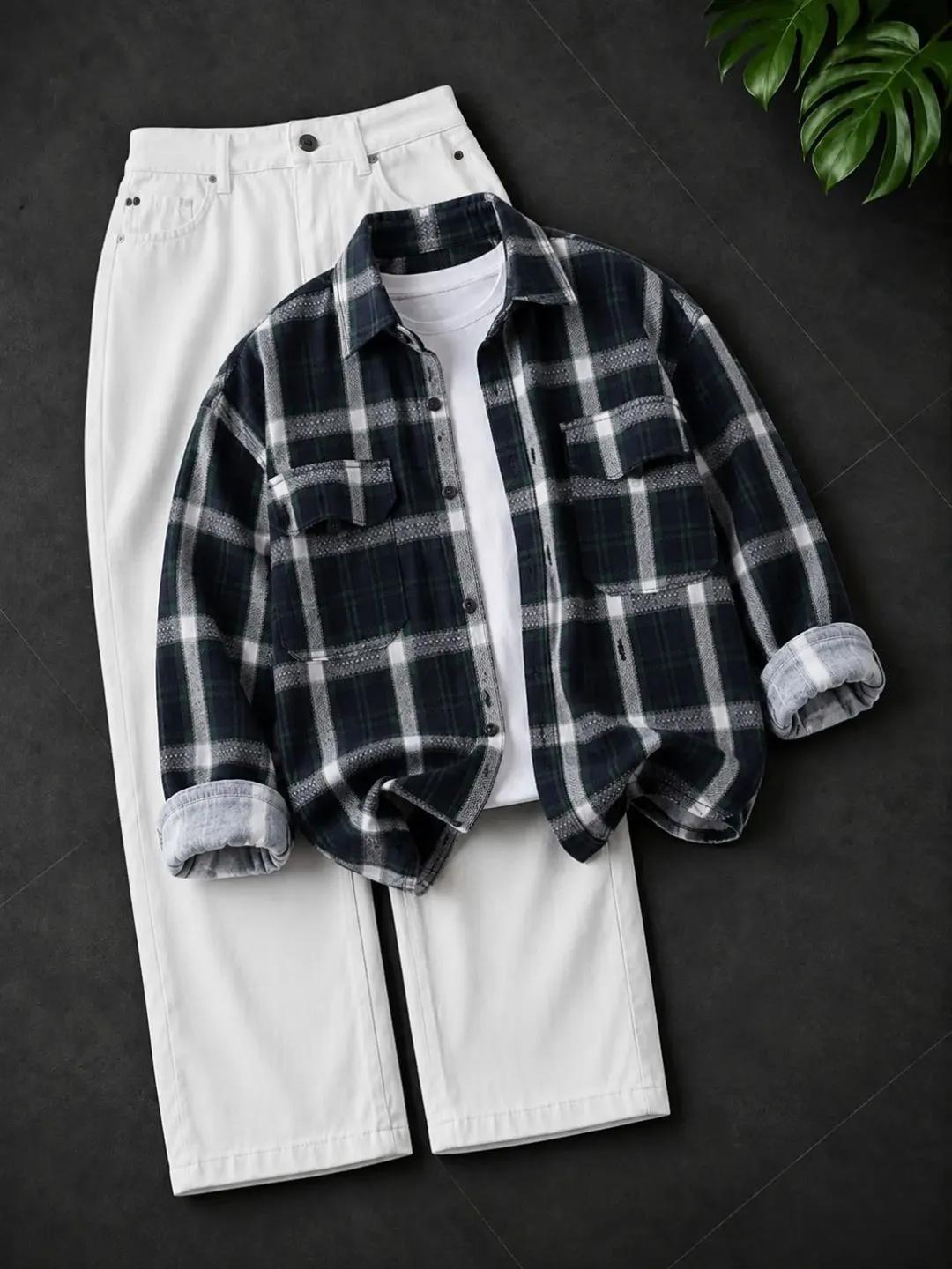 Modern Monochrome Striped Shirt & Dark Denim Set - Image 2