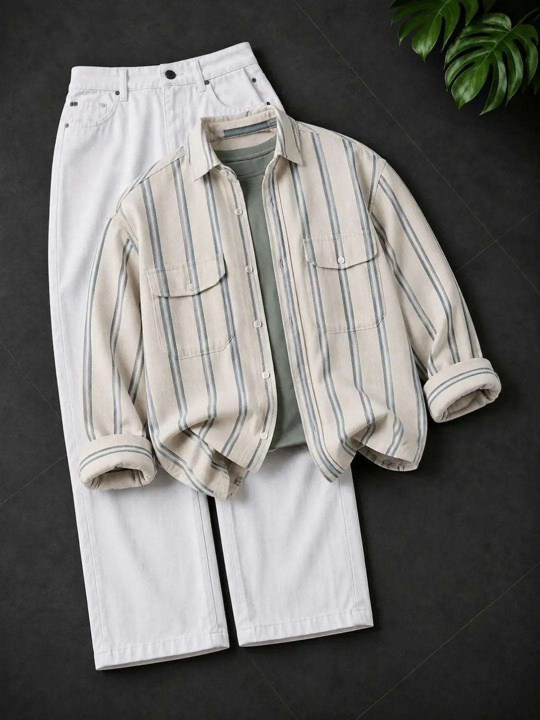 Modern Monochrome Striped Shirt & Dark Denim Set - Image 3