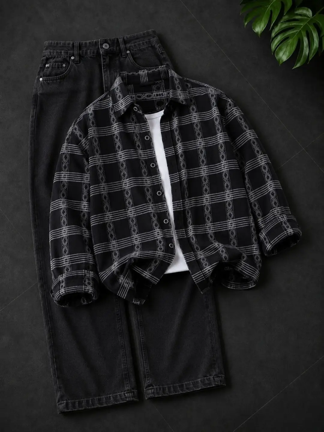 Modern Monochrome Striped Shirt & Dark Denim Set - Image 4